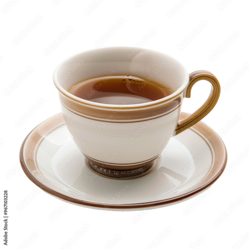 Elegant porcelain teacup with a golden handle and saucer, filled with steaming tea on a minimalist background Elegant porcelain teacup with a golden handle and saucer, filled with steaming tea on a minimalist background