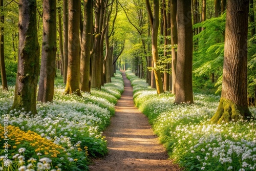 Fototapeta Naklejka Na Ścianę i Meble -  Woodland path with flowers and trees