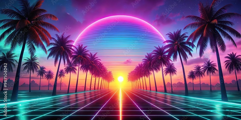 Fototapeta premium Worm's eye view abstract background with neon glow futuristic landscape with palm trees, sun, clouds, synthwave, retrowave, vaporwave