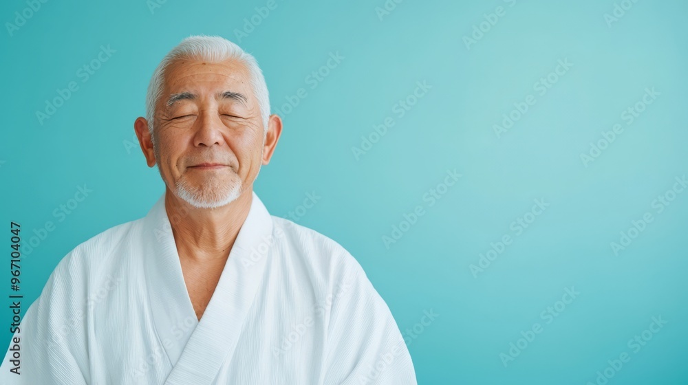 A serene elderly man in a white robe, exuding calm and wisdom against a soft blue background, perfect for wellness and meditation themes. A serene elderly man in a white robe, exuding calm and wisdom against a soft blue background, perfect for wellness and meditation themes.