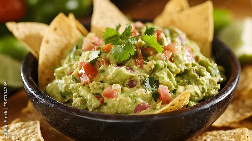 29. A bowl of fresh, homemade guacamole with tortilla chips 29. A bowl of fresh, homemade guacamole with tortilla chips