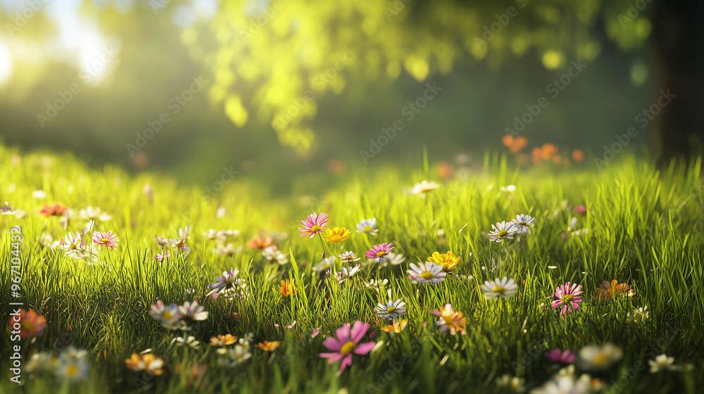 Fototapeta premium Spring flowers and a grassy meadow