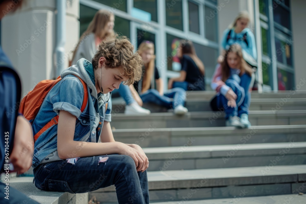 Young boy sitting on stairs with head down, appearing sad and lonely. Young boy sitting on stairs with head down, appearing sad and lonely.