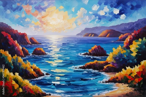 Abstract Coastal Views: Vibrant Oceanic Splendor in Oil Painting