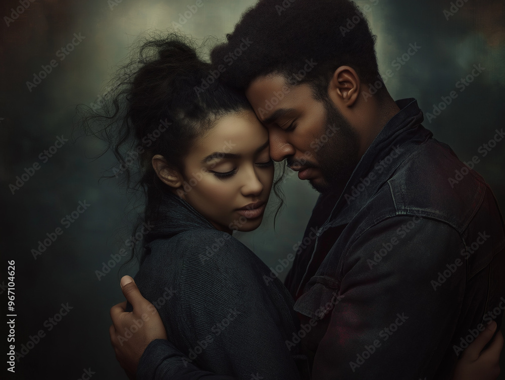 Man and woman embracing softly, depicting tenderness and connection in a dark ambiance Man and woman embracing softly, depicting tenderness and connection in a dark ambiance