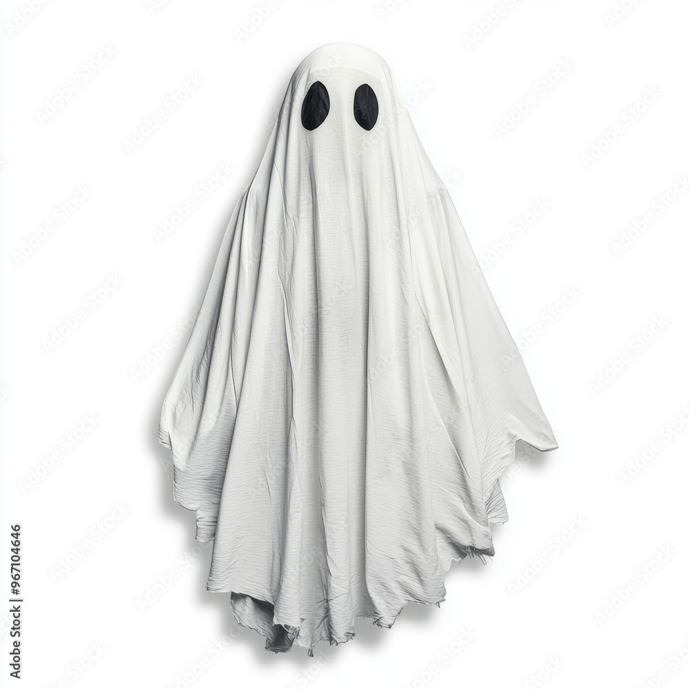 A spooky ghost figure draped in white fabric, perfect for Halloween decorations or eerie themed events. A spooky ghost figure draped in white fabric, perfect for Halloween decorations or eerie themed events.