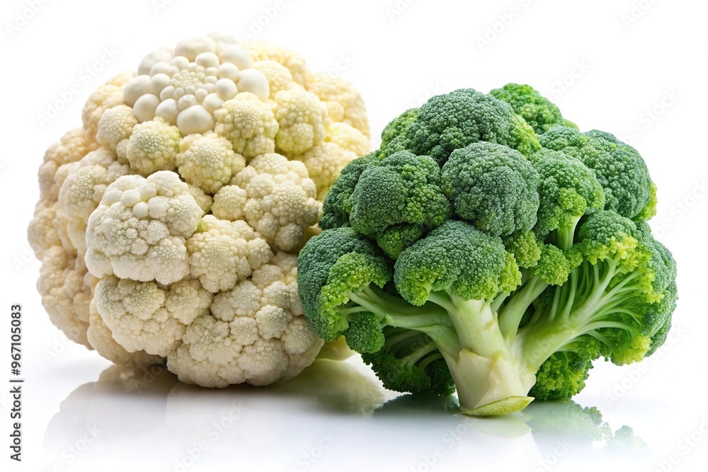 Worm's eye view of broccoli and cauliflower on white background Worm's eye view of broccoli and cauliflower on white background