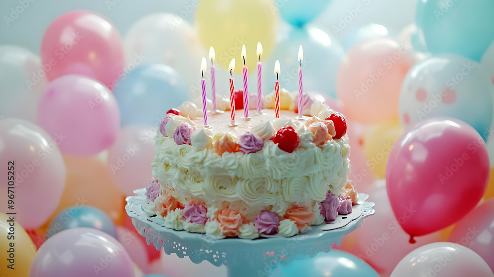 Birthday Cake with Lit Candles and Pastel Balloons Birthday Cake with Lit Candles and Pastel Balloons
