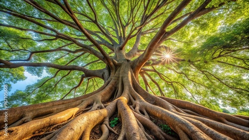 Worm's eye view of intricate roots of a majestic tree