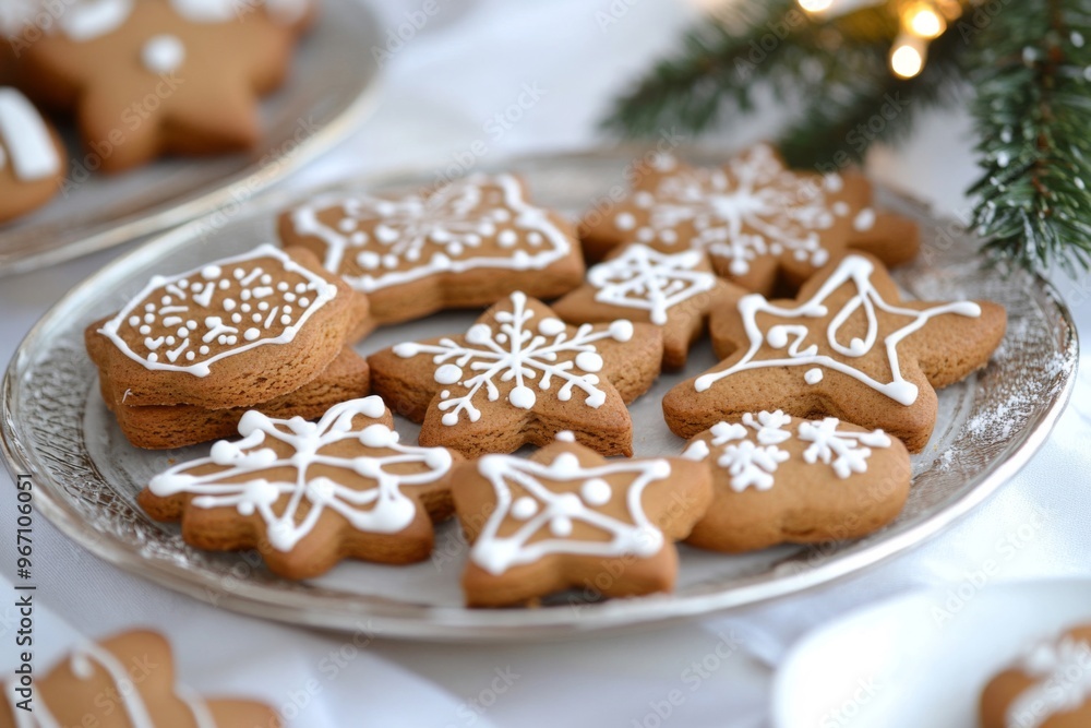 Decorated Gingerbread Cookies on Silver Plate Decorated Gingerbread Cookies on Silver Plate