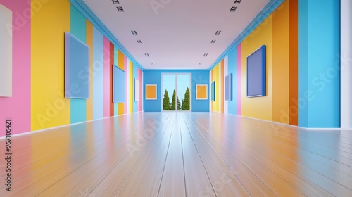 A hallway with colorful walls and a wooden floor, AI