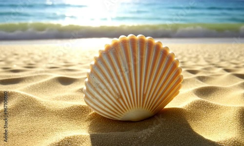 a sea shell on the beach sand with very sunny weather
