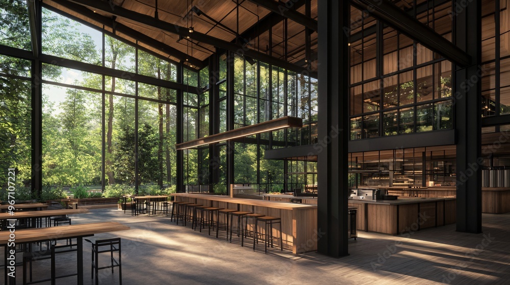 Modern open space restaurant with large windows and nature views, featuring wooden decor and contemporary design. Modern open space restaurant with large windows and nature views, featuring wooden decor and contemporary design.