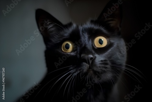 Portrait of a black cat with yellow eyes on a dark background