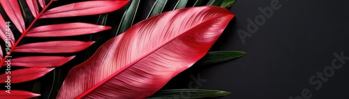 Vibrant red leaf contrasted against dark green foliage, perfect for nature-themed designs and botanical inspirations. photo