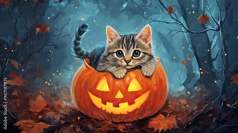A kitten sitting inside a glowing jack-o-lantern in a dark, spooky forest, surrounded by autumn leaves and magical sparks. A kitten sitting inside a glowing jack-o-lantern in a dark, spooky forest, surrounded by autumn leaves and magical sparks.