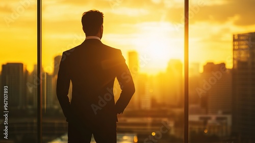 Businessman’s silhouette congratulating success in finance, with a bright sunlight background