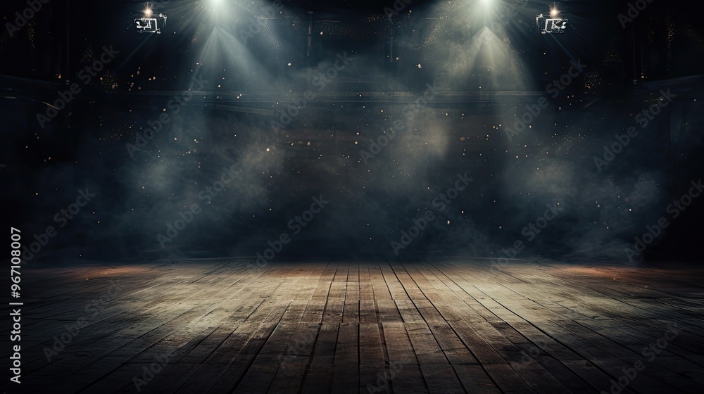 Grunge studio background with spotlights shining down and dust in the air Grunge studio background with spotlights shining down and dust in the air