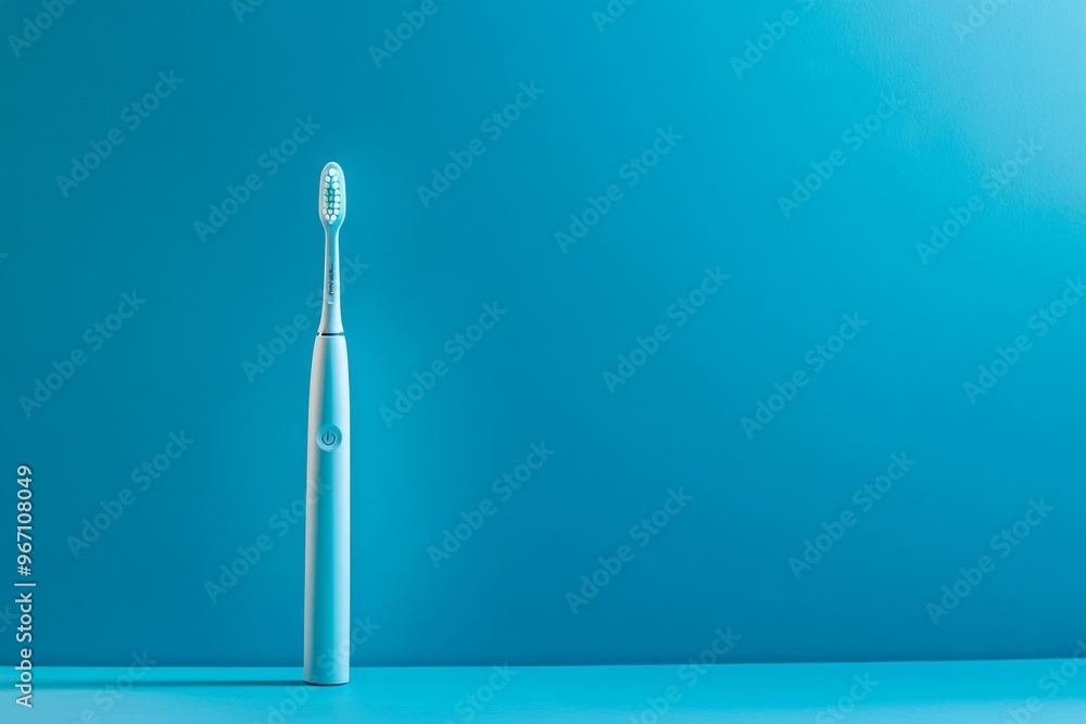 A sleek blue electric toothbrush stands out against a vibrant turquoise background. This stylish device promotes oral hygiene and modern dental care. Generative AI A sleek blue electric toothbrush stands out against a vibrant turquoise background. This stylish device promotes oral hygiene and modern dental care. Generative AI
