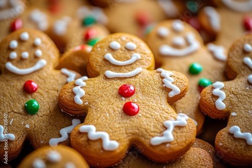 Close-up of Gingerbread Man Cookie with White Icing and Red and Green Sprinkles