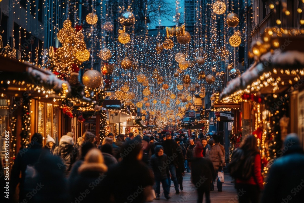 Fototapeta premium Festive Street Market with Christmas Lights and Decorations