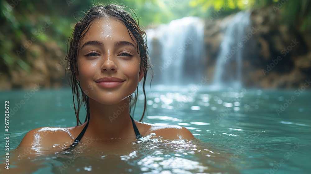 A beautiful brunette girl in a black swimsuit swims in a natural pool with a cascading waterfall. Facing the lens A beautiful brunette girl in a black swimsuit swims in a natural pool with a cascading waterfall. Facing the lens