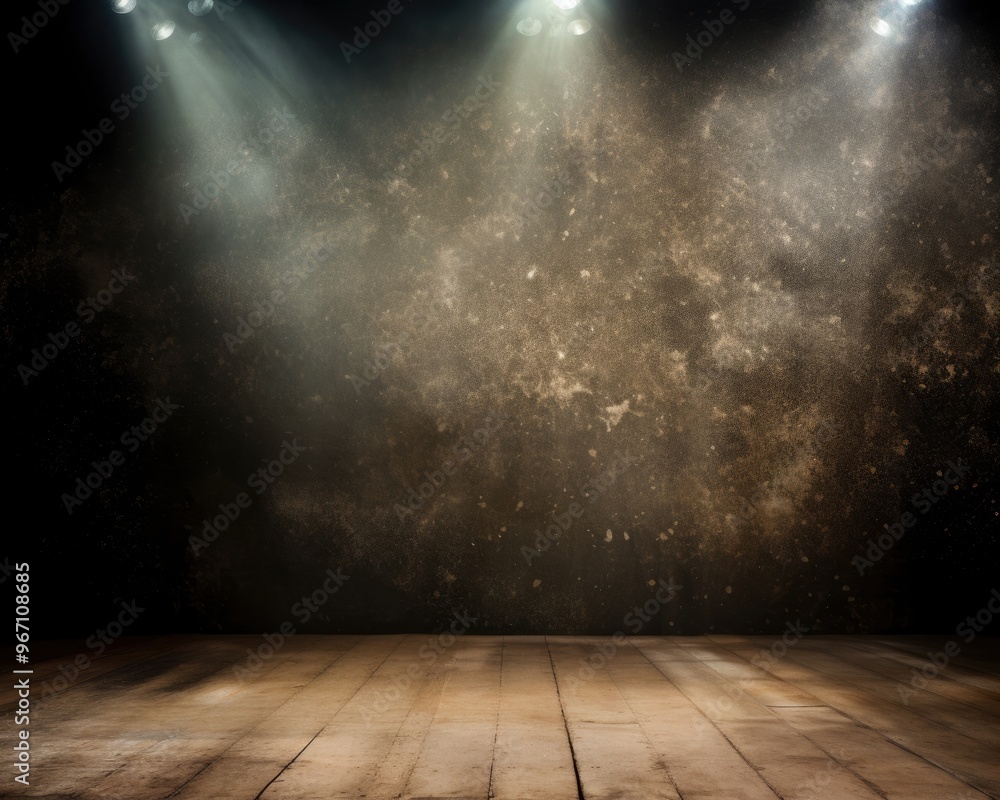 Grunge studio background with spotlights shining down and dust in the air