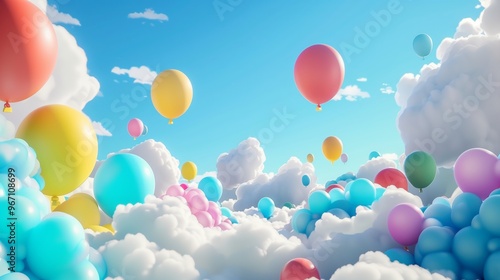 Colorful Hot Air Balloons in Cloudy Sky Illustration â€“ Vibrant Sky Adventure with Balloons and Clouds