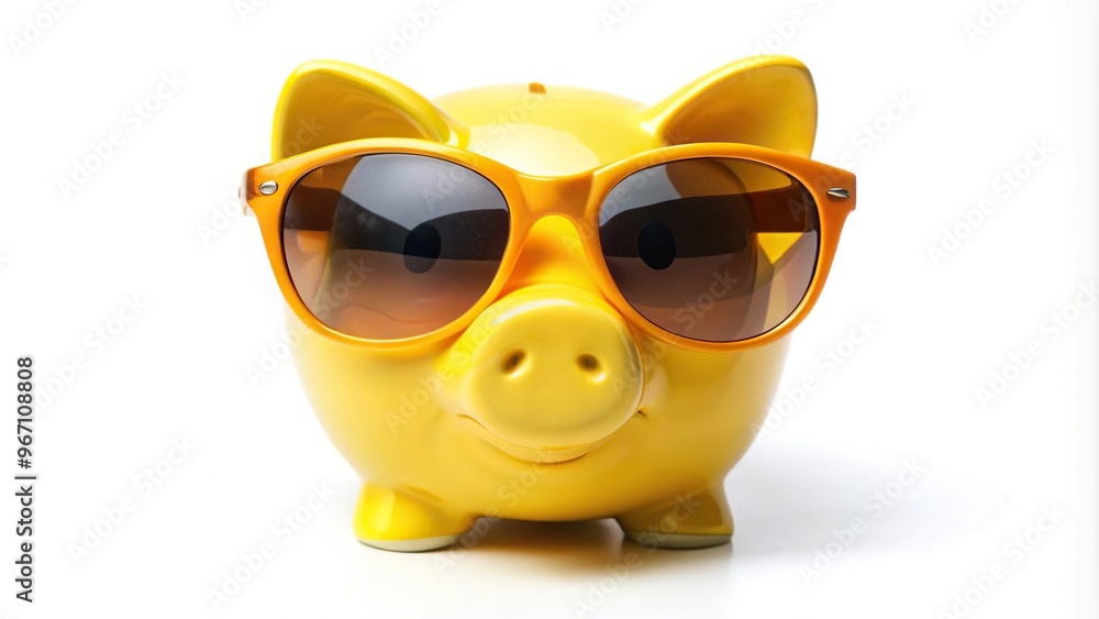 Yellow piggy bank with sunglasses isolated on white background, High Angle Yellow piggy bank with sunglasses isolated on white background, High Angle