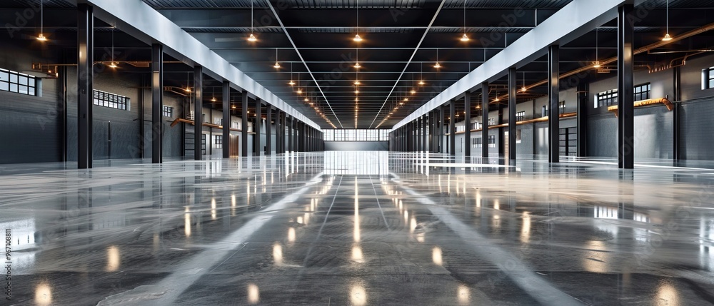 Future factory with polished concrete floor spacious display Future factory with polished concrete floor spacious display