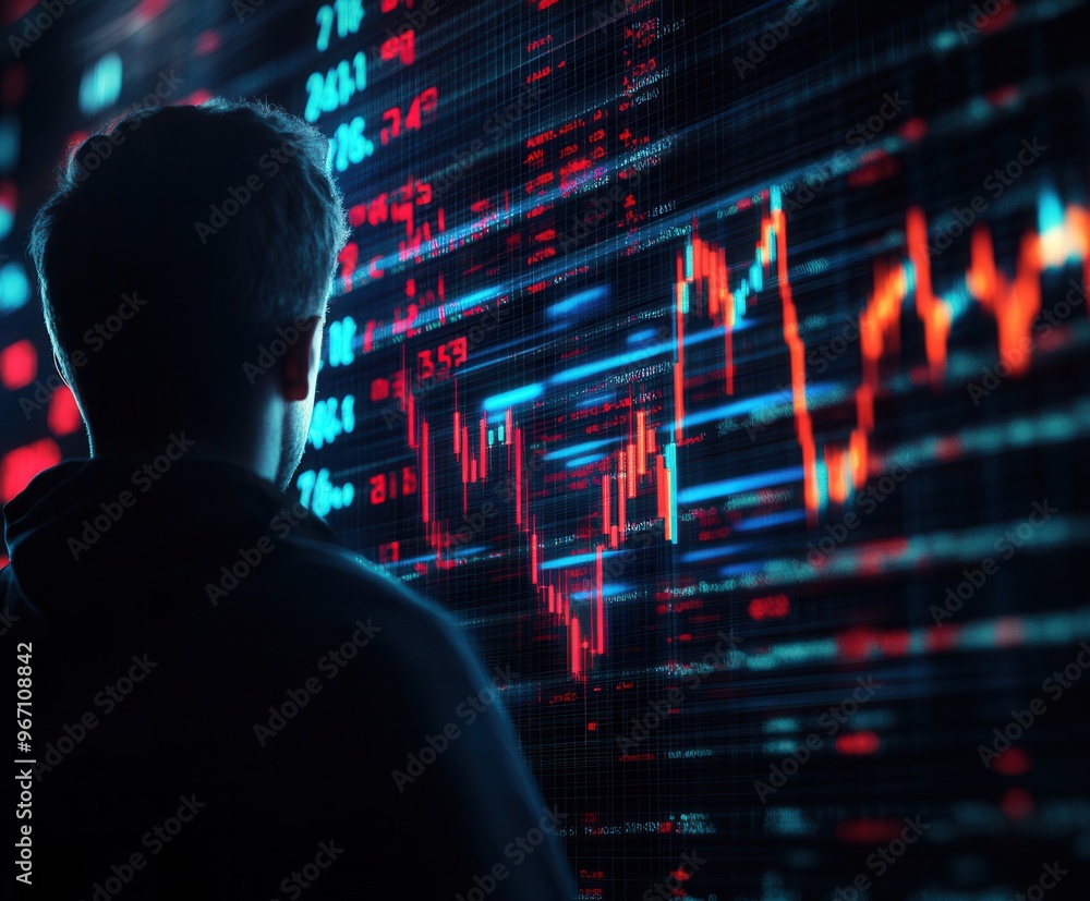 A person analyzing data on a digital screen with vibrant graphs and metrics, reflecting modern finance and technology trends.