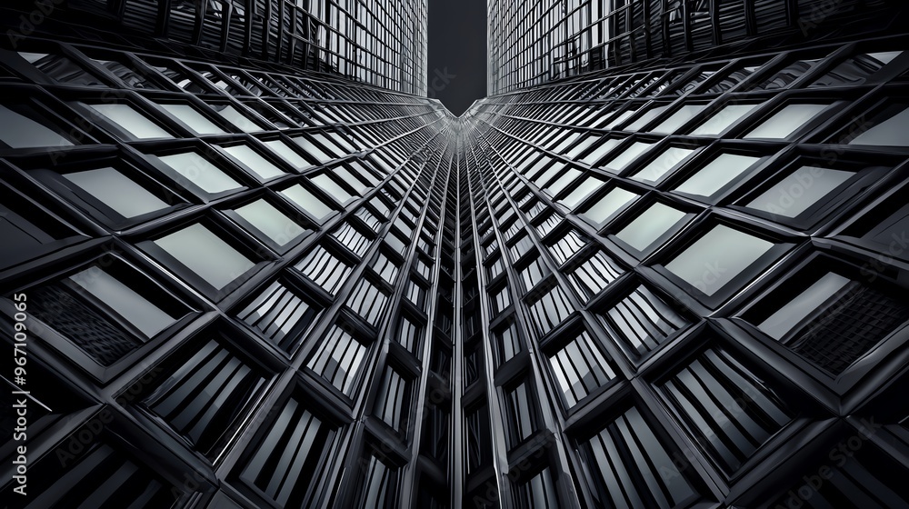 Obraz premium Symmetrical futuristic skyscrapers with overlapping reflective monochromatic windows