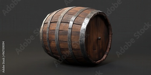 A rustic wooden barrel with metal bands, perfect for storage or decoration, evoking vintage charm and craftsmanship. photo