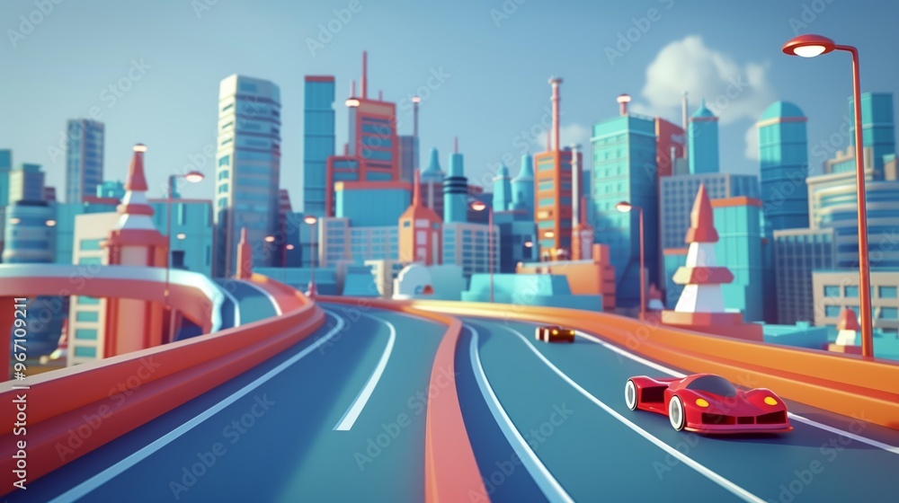 Naklejka premium Futuristic Cityscape with Vehicles on Highways - Vibrant Illustration of Modern Urban Architecture