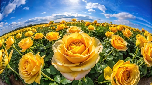 Fototapeta Naklejka Na Ścianę i Meble -  Yellow roses in a field with fisheye perspective