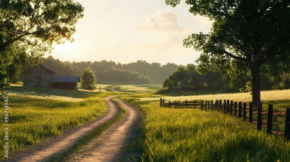 Fototapeta premium A serene rural landscape featuring a winding dirt path, lush green grass, and a charming under a bright sky.