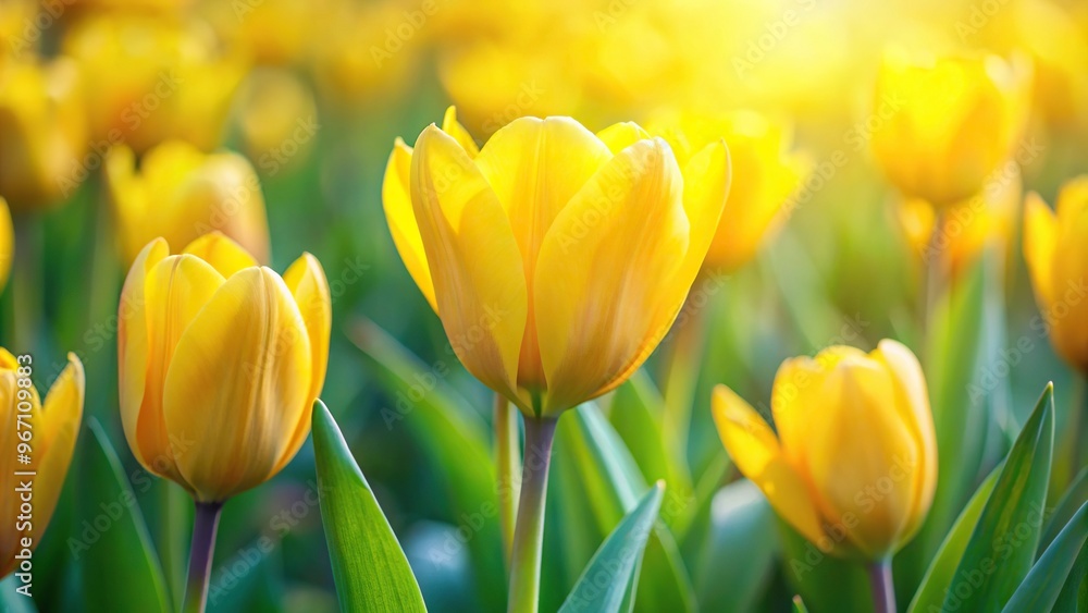 Fototapeta premium Yellow tulips in soft focus floral background