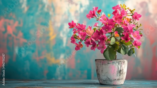 Wallpaper Mural Pink Bougainvillea Flowers in a Pot on a Wooden Table Torontodigital.ca