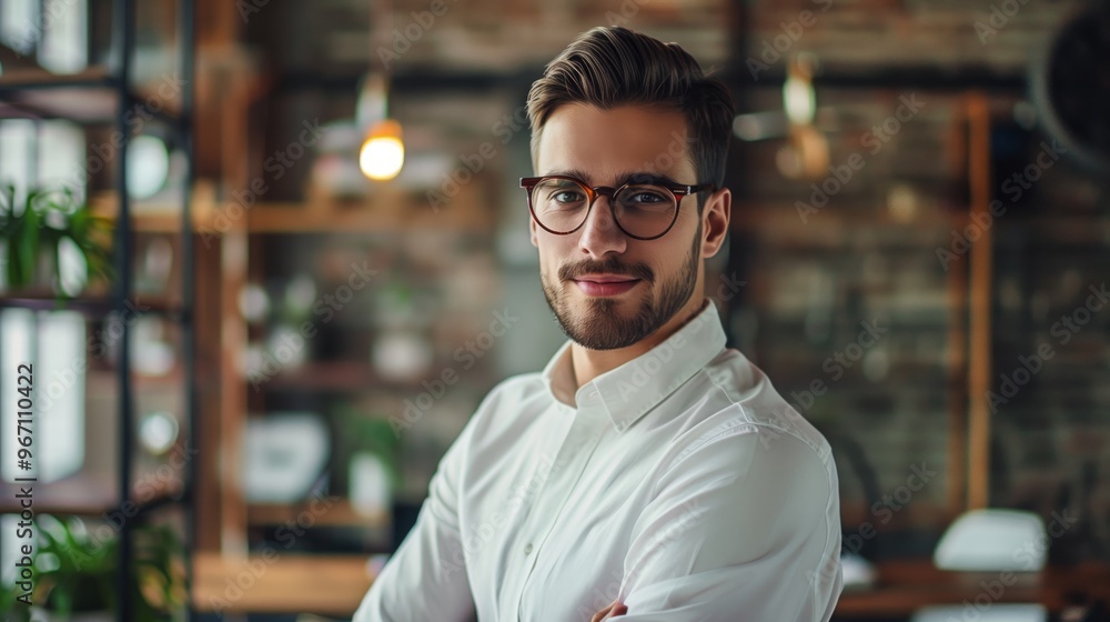 Obraz premium Professional Businessman in Modern Office Setting - Confident Corporate Executive, Successful Entrepreneur, Young Professional
