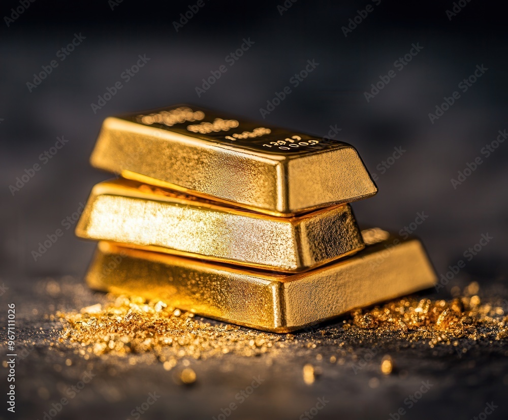 Three shiny gold bars stacked together, surrounded by fine gold dust, highlighting wealth and luxury. Three shiny gold bars stacked together, surrounded by fine gold dust, highlighting wealth and luxury.