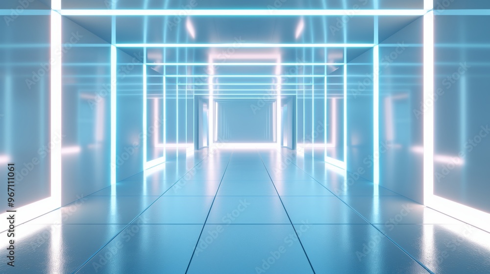 Futuristic Neon Corridor with Blue and White Glowing Lights Futuristic Neon Corridor with Blue and White Glowing Lights