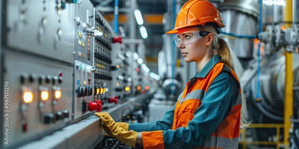 A female engineer in uniform uses a food production line process control panel. food production technology large food processing factory A female engineer in uniform uses a food production line process control panel. food production technology large food processing factory