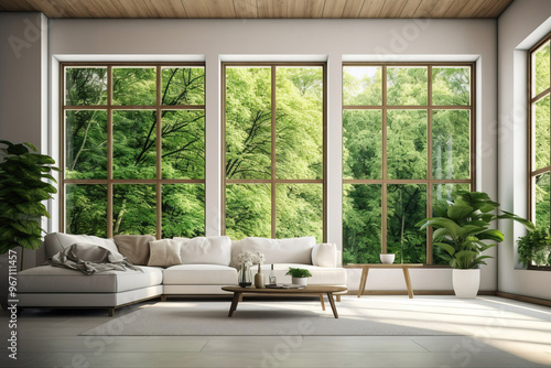 bright airy room interior in scandy nordic natural style decorated with fresh plants, green natural view from the windows photo