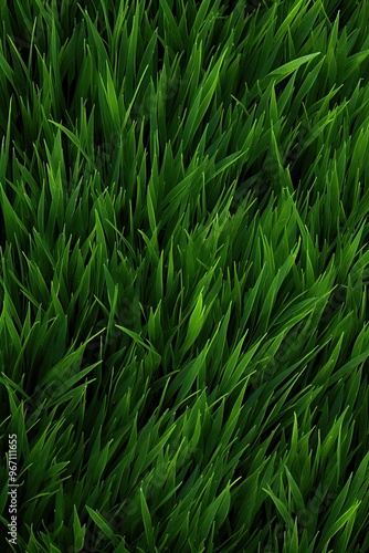 Lush green grass meadow close-up texture flat lay background