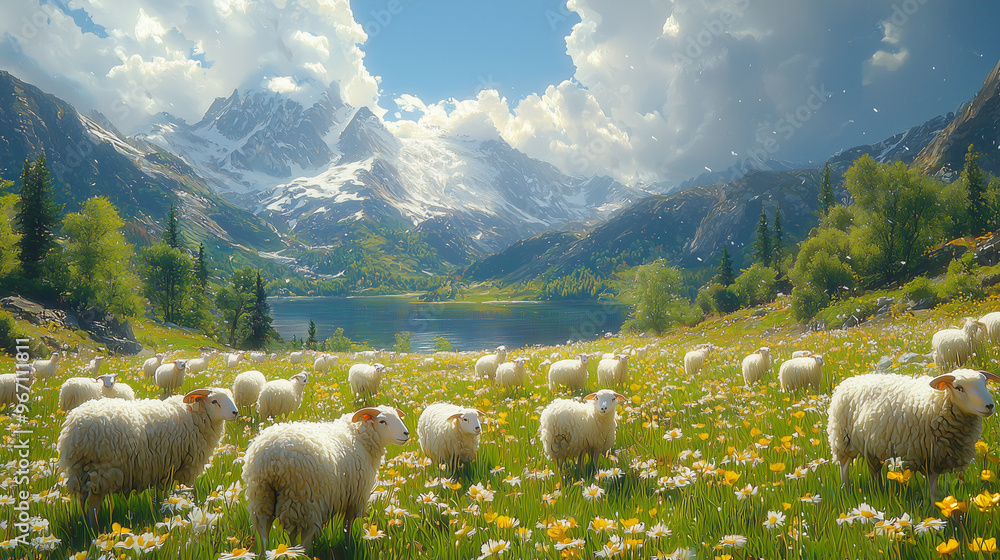 Fototapeta premium A herd of sheep. Mountain meadow. Early spring. Realism