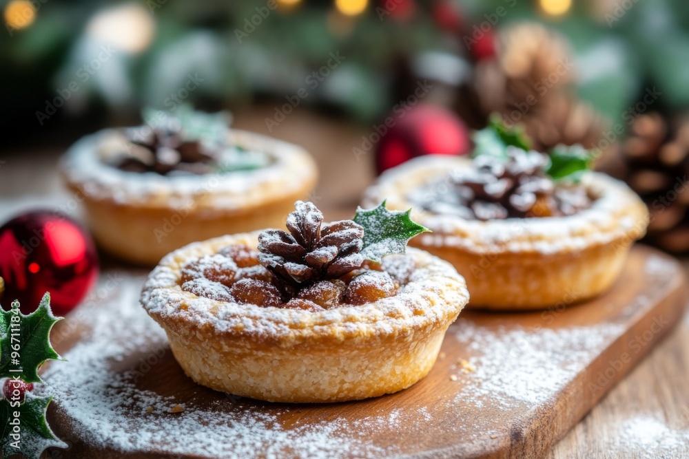 Three Mini Mince Pies with Pine Cones and Holly on a Wooden Board Three Mini Mince Pies with Pine Cones and Holly on a Wooden Board