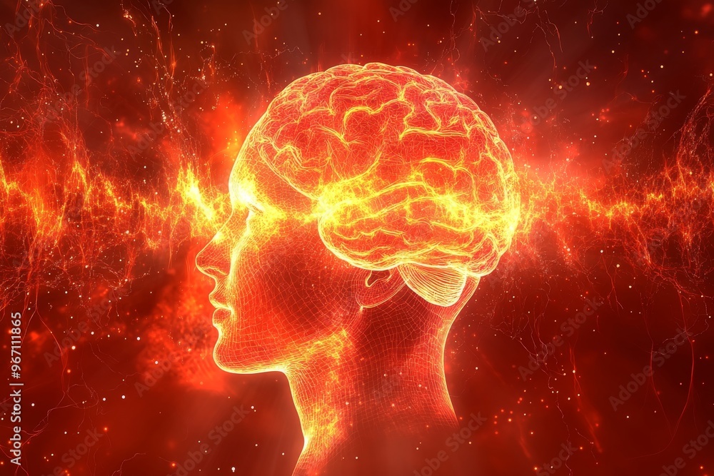 Neurofeedback holographic memory neural entrainment and neural biophysics glowing human brain with fiery energy surge visualizing cognitive power and mental expansion Neurofeedback holographic memory neural entrainment and neural biophysics glowing human brain with fiery energy surge visualizing cognitive power and mental expansion
