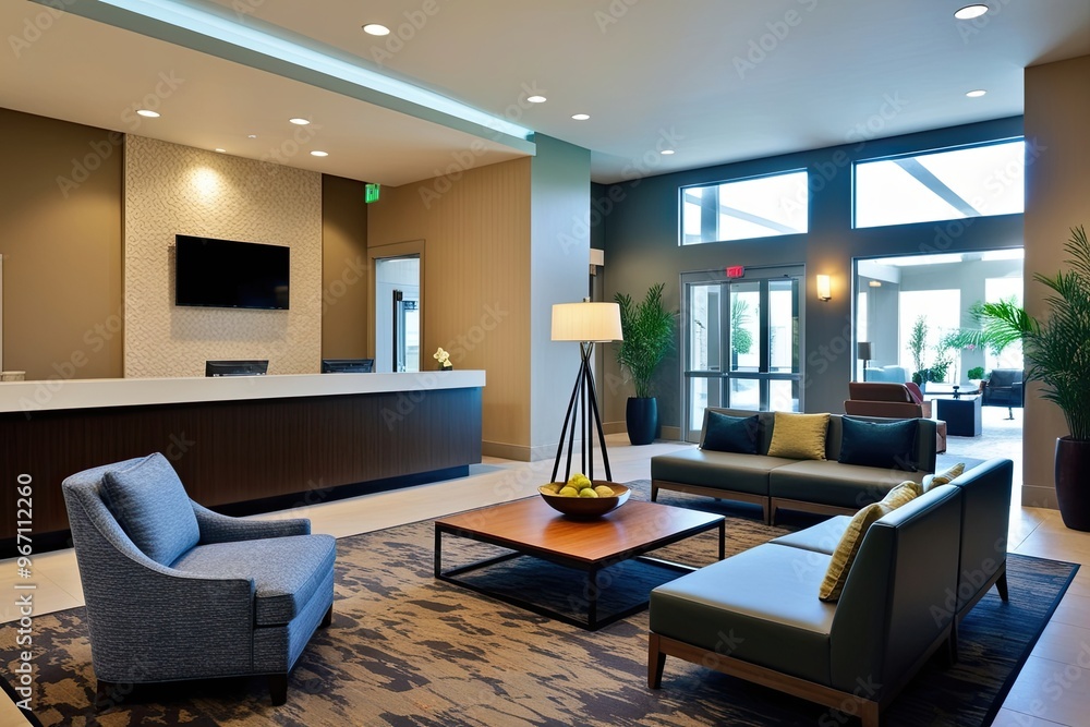 Fototapeta premium Elegant Hotel Lobby with Reception Desk and Zen Lounge Seating for a Welcoming Atmosphere