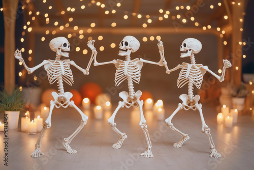 Skeleton Dance Party: Three skeletons get groovy under twinkling Halloween lights, their bony revelry a spooky delight. photo