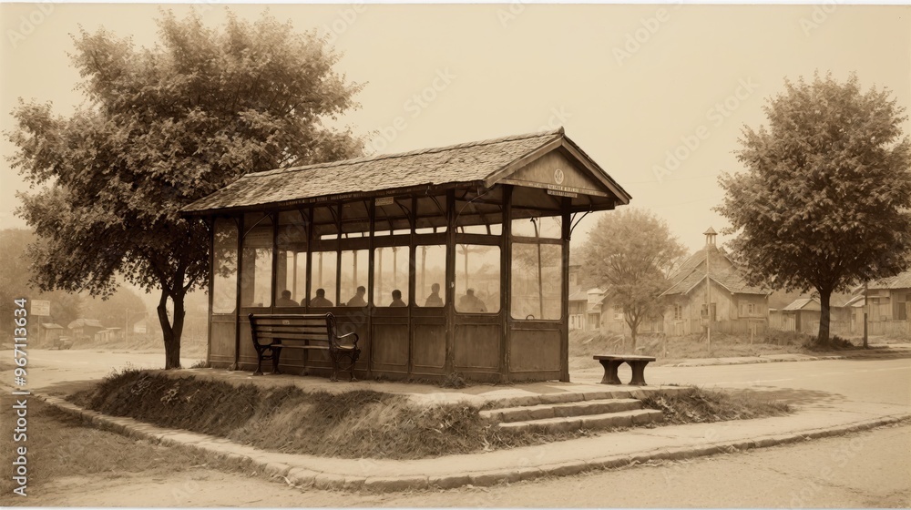 Generative AI, Sepia-toned image of a small wooden shelter at a quiet street corner with trees in the background Generative AI, Sepia-toned image of a small wooden shelter at a quiet street corner with trees in the background